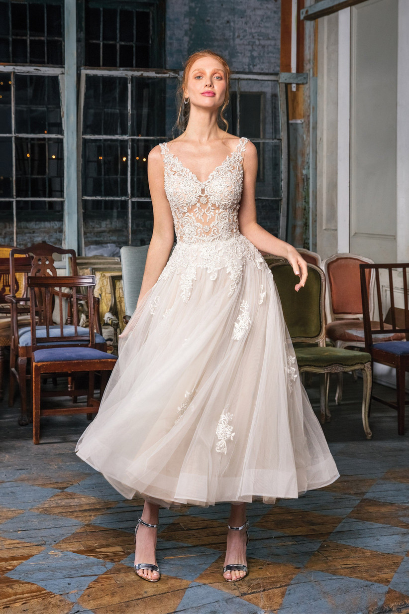 bardot tea length wedding dress