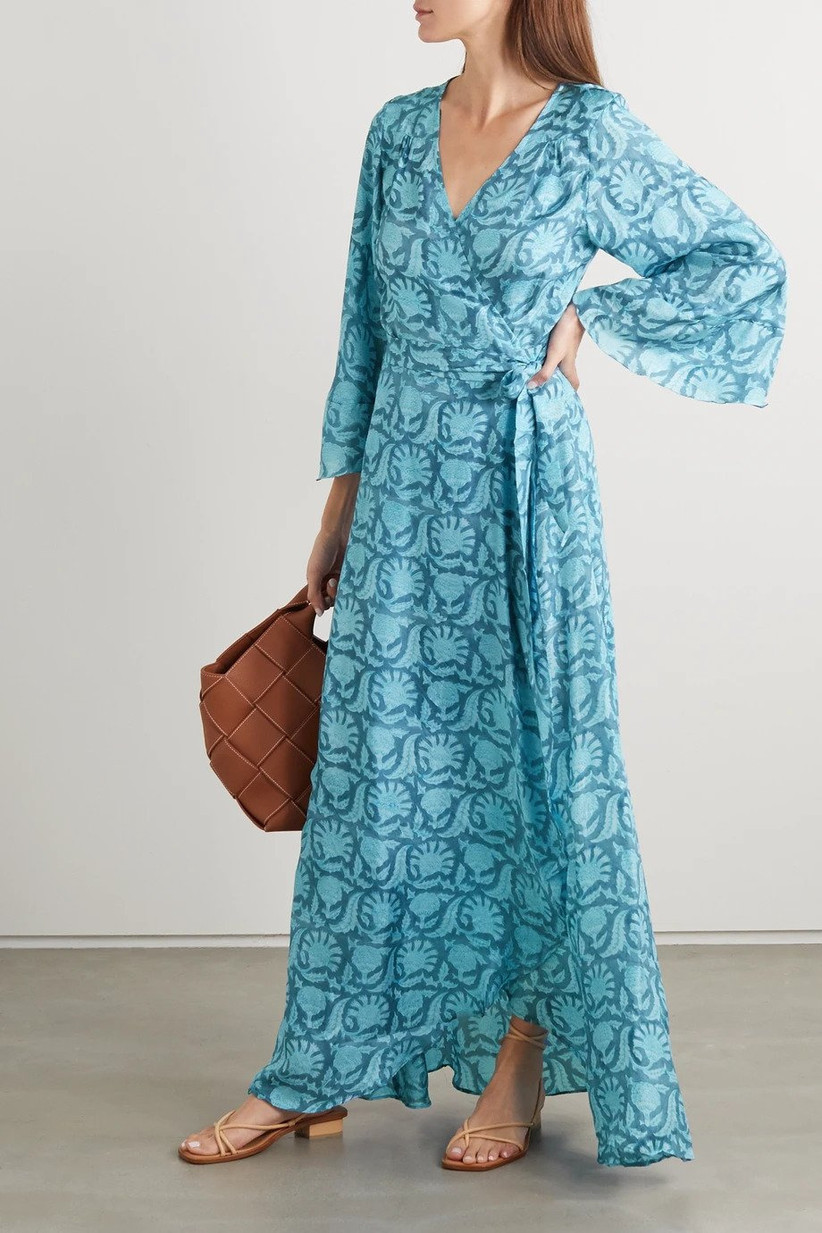 Blue printed silk wrap maxi dress