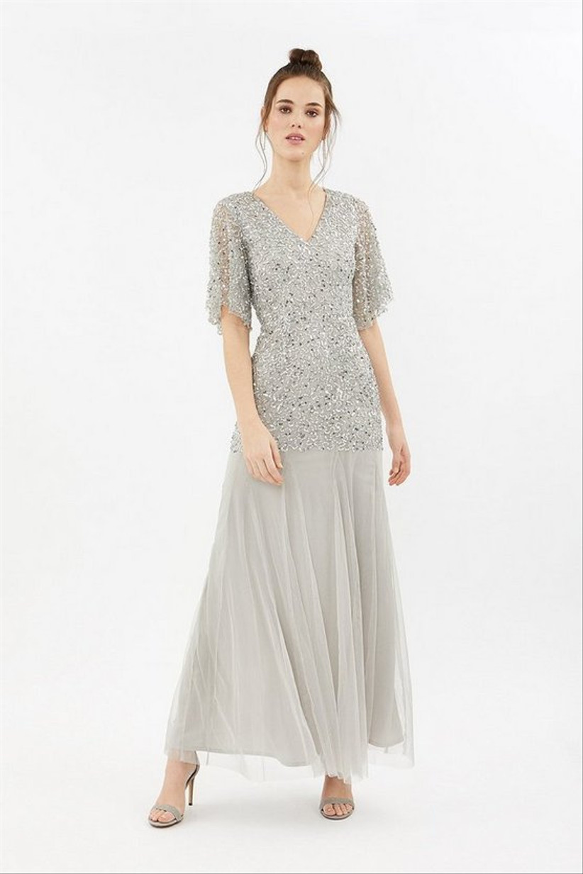 Silver sequin maxi dress with floaty skirt