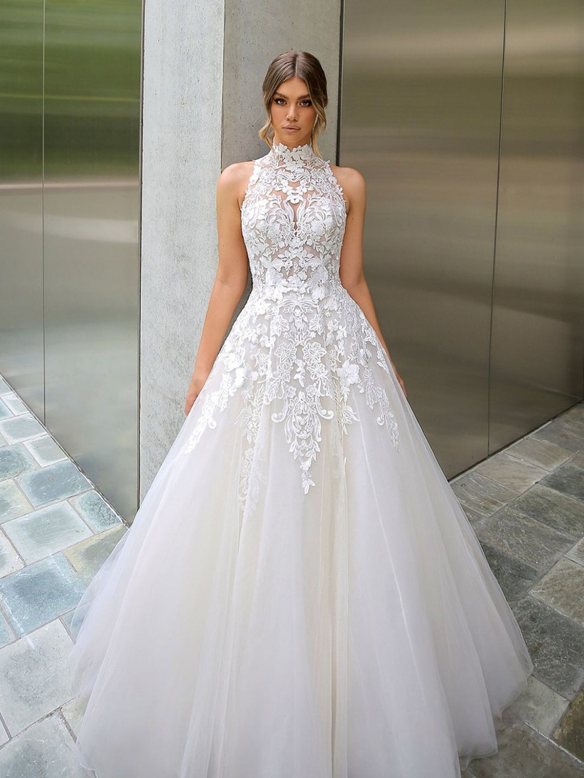 high neck a line wedding dress