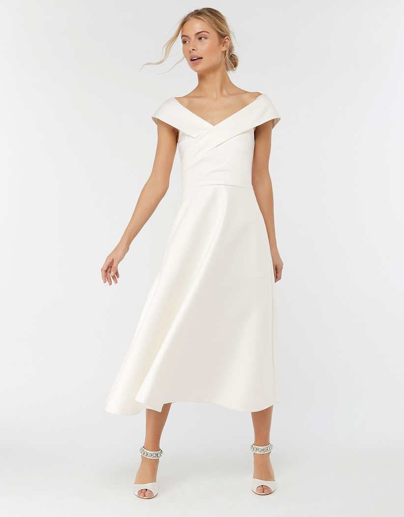 bardot tea length wedding dress