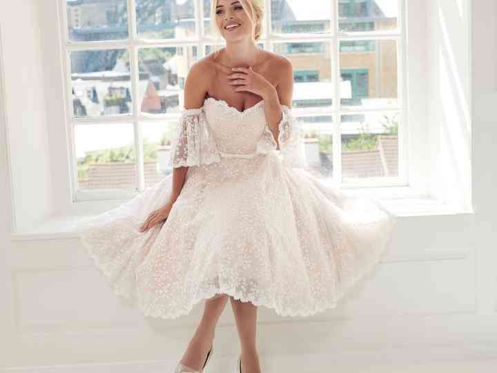 tulip bardot midi bridal dress