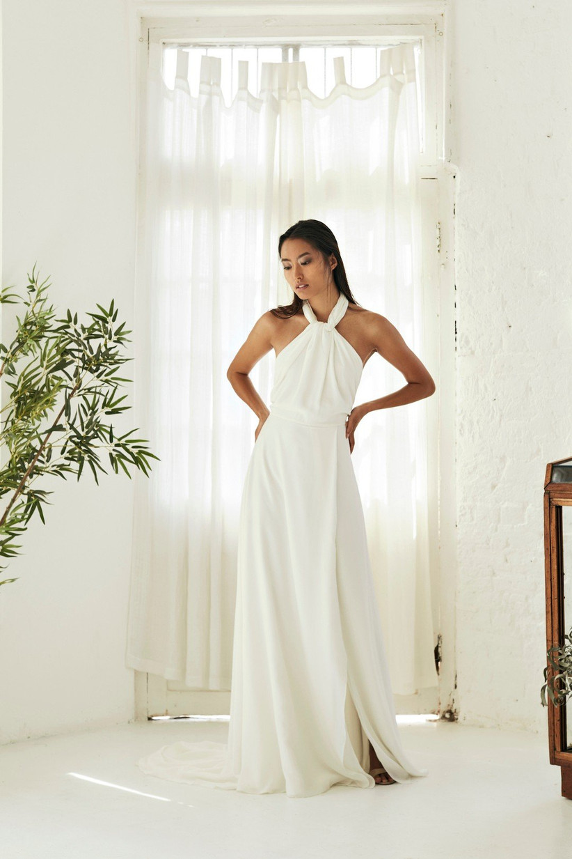 white halter neck wedding dress