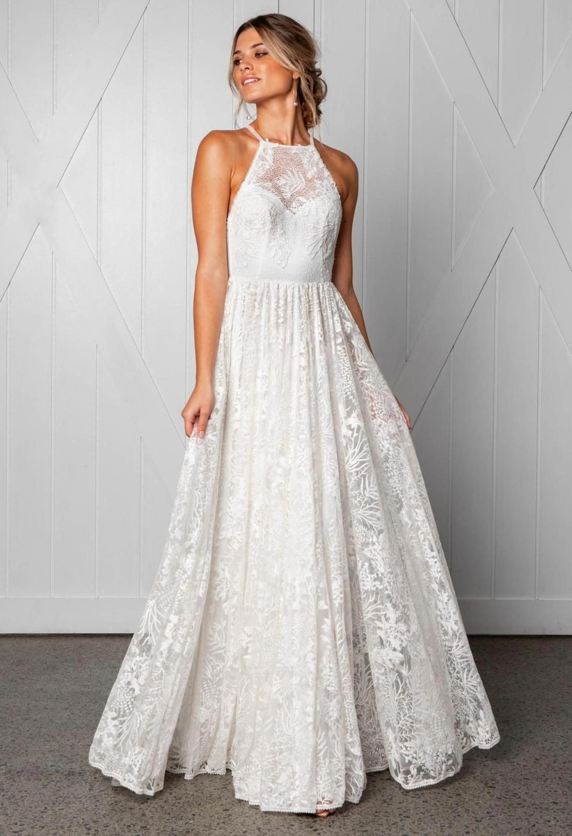 a line halter wedding dress