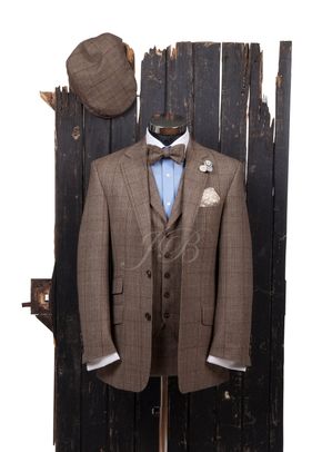 Brown Country Suit with bow tie & flat cap – from Jack Bunneys, Jack Bunneys