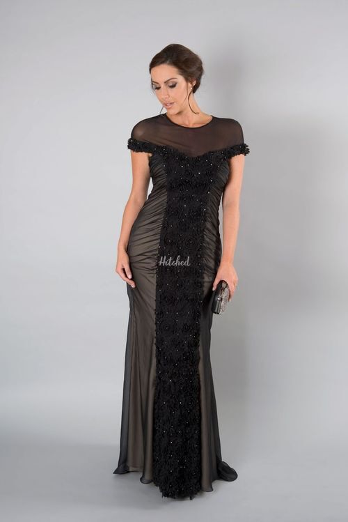 Black Floral Beaded Panel Mesh Long Dress, Chesca