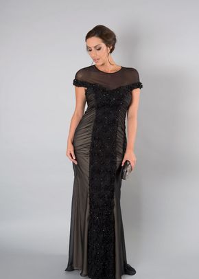 Black Floral Beaded Panel Mesh Long Dress, Chesca