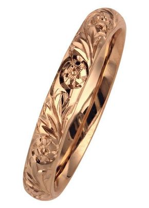 Camellia Flower Patterned Wedding Ring in Rose Gold, London Victorian Ring Co