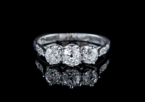 Antique Edwardian 1.36ct Old Cut Diamond Trilogy Platinum Ring With Cert Circa 1910, Laurelle Antique Jewellery