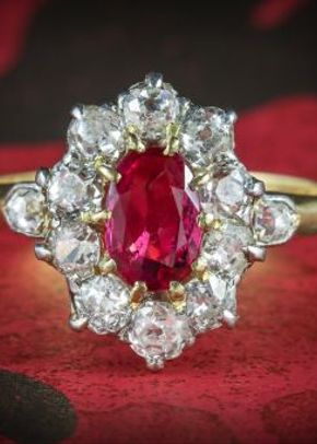Antique Victorian Ruby Diamond Cluster Ring Platinum 18ct Gold Circa 1900, Laurelle Antique Jewellery