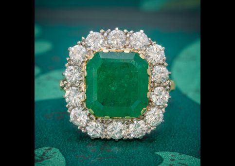 Antique Victorian Emerald Diamond Cluster Ring 18ct Gold 4.50ct Emerald Circa 1900, Laurelle Antique Jewellery