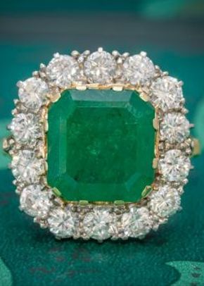 Antique Victorian Emerald Diamond Cluster Ring 18ct Gold 4.50ct Emerald Circa 1900, Laurelle Antique Jewellery