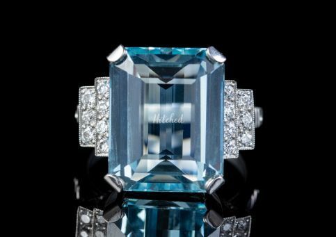 Art Deco Aquamarine Diamond Ring Platinum 13.17ct Emerald Cut Aqua Circa 1920, Laurelle Antique Jewellery