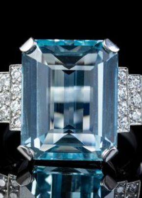 Art Deco Aquamarine Diamond Ring Platinum 13.17ct Emerald Cut Aqua Circa 1920, Laurelle Antique Jewellery