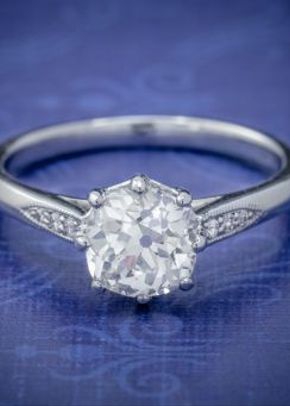 Diamond Solitaire Engagement Ring Platinum 1.24ct Old Cut Diamond Circa 1918 Cert, Laurelle Antique Jewellery