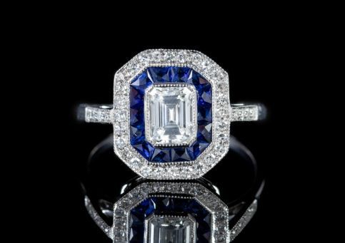 Emerald Cut Diamond Sapphire Cluster Ring 18ct White Gold, Laurelle Antique Jewellery