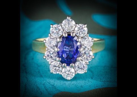 Sapphire Diamond Cluster Engagement Ring 18ct Gold 1.80ct Sapphire, Laurelle Antique Jewellery