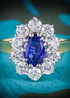 Sapphire Diamond Cluster Engagement Ring 18ct Gold 1.80ct Sapphire, Laurelle Antique Jewellery