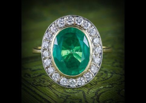 Emerald Diamond Engagement Ring 18ct Gold 7ct Natural Emerald, Laurelle Antique Jewellery