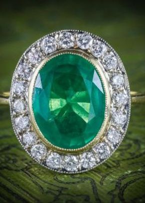 Emerald Diamond Engagement Ring 18ct Gold 7ct Natural Emerald, Laurelle Antique Jewellery