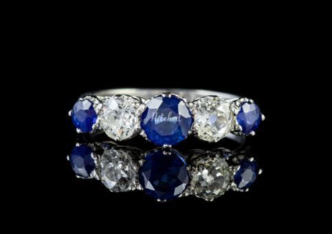 Sapphire Diamond Five Stone Ring Platinum, Laurelle Antique Jewellery