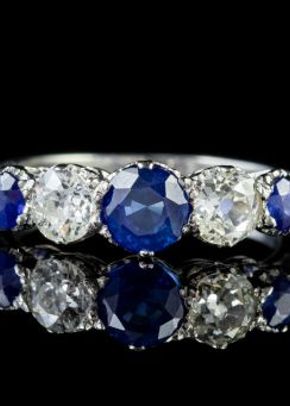 Sapphire Diamond Five Stone Ring Platinum, Laurelle Antique Jewellery