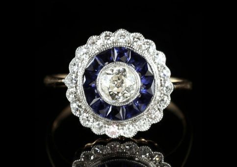 Sapphire Diamond Engagement Ring 18ct Gold French Cut Sapphires, Laurelle Antique Jewellery