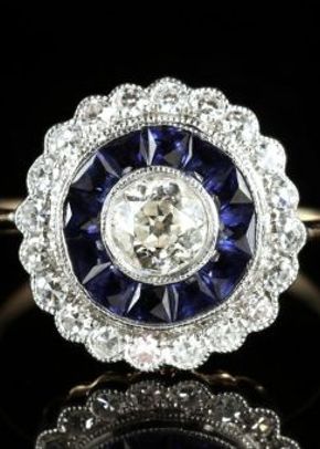 Sapphire Diamond Engagement Ring 18ct Gold French Cut Sapphires, Laurelle Antique Jewellery