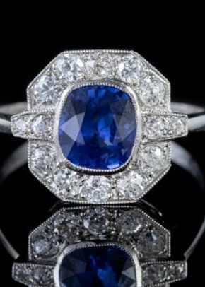 Sapphire Diamond Cluster Ring Platinum 1.40ct Sapphire, Laurelle Antique Jewellery