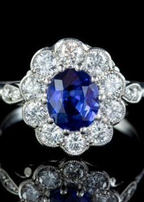 Vintage Sapphire Diamond Cluster Engagement Ring Platinum 1.40ct Sapphire 1.10ct Diamond, Laurelle Antique Jewellery