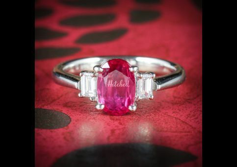 Vintage Ruby Diamond Trilogy Ring 18ct Gold, Laurelle Antique Jewellery