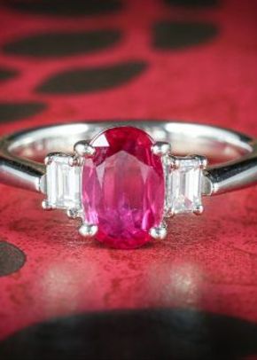 Vintage Ruby Diamond Trilogy Ring 18ct Gold, Laurelle Antique Jewellery