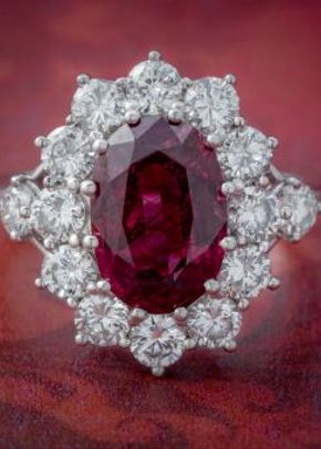 Vintage Ruby Diamond Cluster Ring Natural 3.20ct Ruby 2.50ct Diamonds 18ct White Gold Cert, Laurelle Antique Jewellery