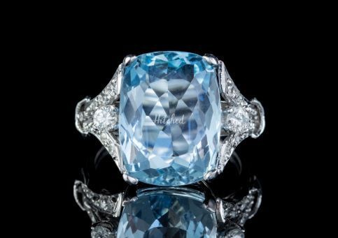 Vintage Aquamarine Diamond Ring Platinum 8ct BRIOLETTE Cut Aqua, Laurelle Antique Jewellery