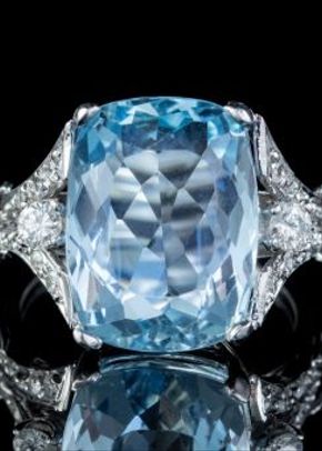 Vintage Aquamarine Diamond Ring Platinum 8ct BRIOLETTE Cut Aqua, Laurelle Antique Jewellery