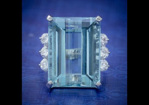 Vintage Aquamarine Diamond Cocktail Ring Platinum 20ct Emerald Cut Aqua, Laurelle Antique Jewellery