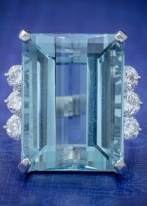 Vintage Aquamarine Diamond Cocktail Ring Platinum 20ct Emerald Cut Aqua, Laurelle Antique Jewellery