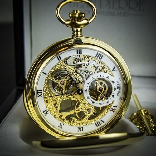 Jean Pierre Double Hunter Skeleton Gold Plated Pocket Watch Wedding ...