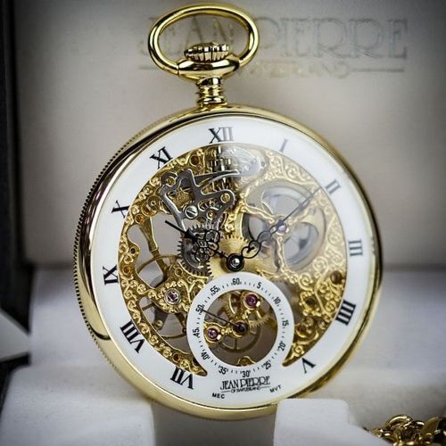 Jean Pierre Open Face Skeleton Pocket Watch - Gold Plated, Farrar & Tanner