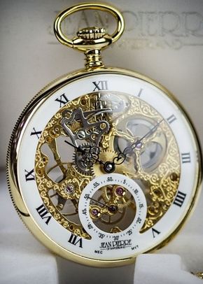 Jean Pierre Open Face Skeleton Pocket Watch - Gold Plated, Farrar & Tanner