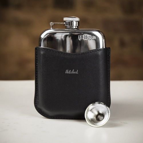 English Pewter Co. Pewter Captive Top Hip Flask with Black Leather ...
