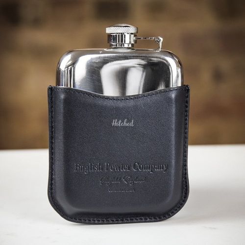 English Pewter Co. Pewter Captive Top Hip Flask with Black Leather Sleeve (6oz), Farrar & Tanner