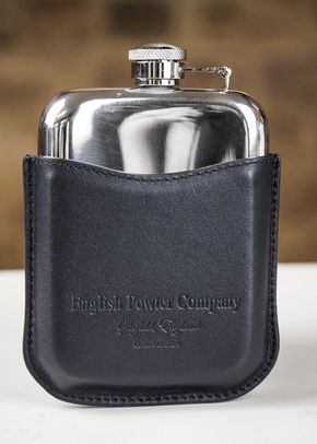 English Pewter Co. Pewter Captive Top Hip Flask with Black Leather Sleeve (6oz), Farrar & Tanner