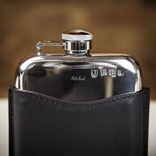 English Pewter Co. Pewter Captive Top Hip Flask with Black Leather Sleeve (6oz), Farrar & Tanner