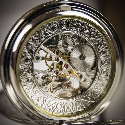 Mount Royal Double Hunter Skeleton Embellished Fleur de Lis Pocket Watch, Farrar & Tanner