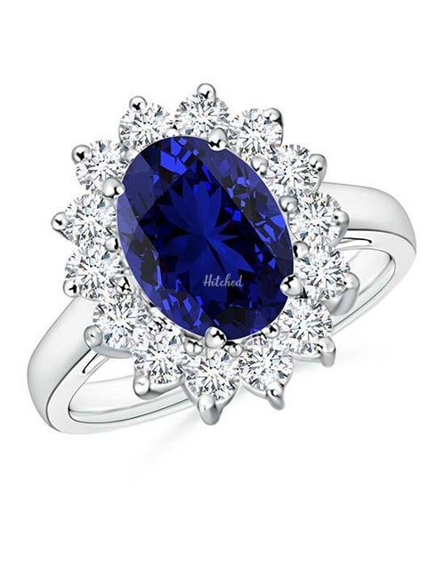 Lab-Grown Princess Diana Inspired Blue Sapphire Ring with Lab Diamond Halo, Angara