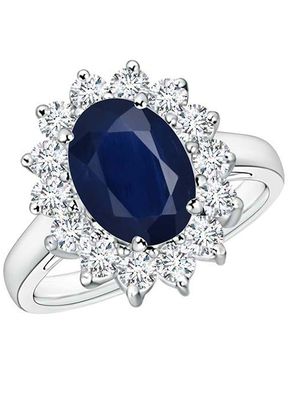 Princess Diana Inspired Blue Sapphire Ring with Diamond Halo, Angara