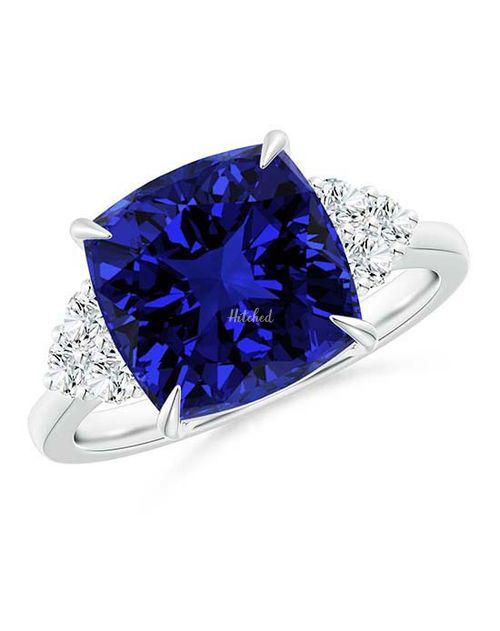 Lab-Grown Cushion Blue Sapphire Engagement Ring with Trio Diamonds, Angara