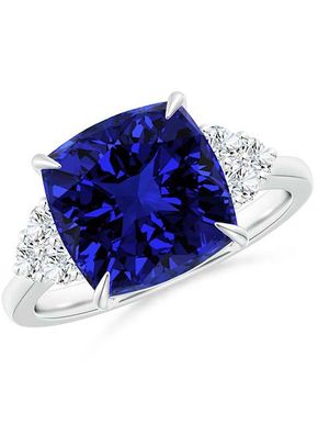 Lab-Grown Cushion Blue Sapphire Engagement Ring with Trio Diamonds, Angara