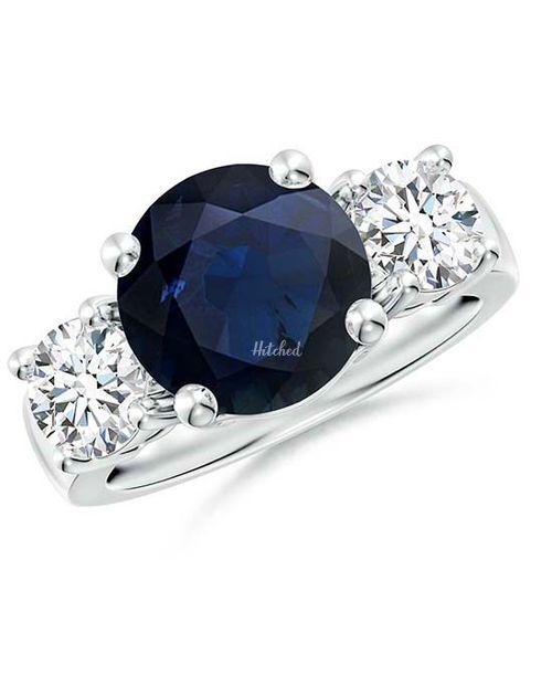 Classic Blue Sapphire and Diamond Three Stone Engagement Ring, Angara